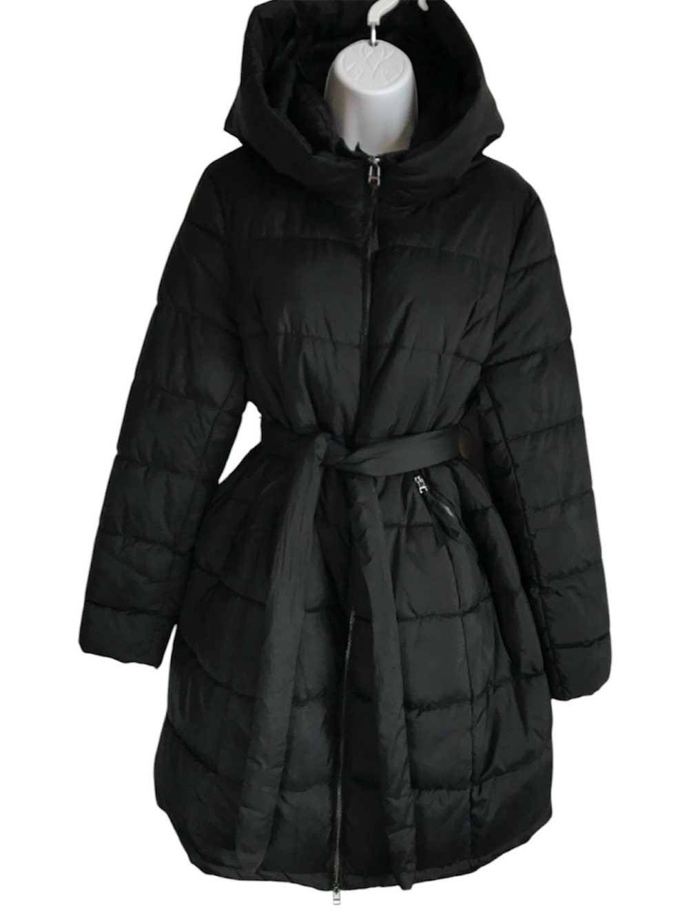 H&M MAMA Women's Maternity M Long Black Quilted Belted Hooded Puffer Coat in EUC